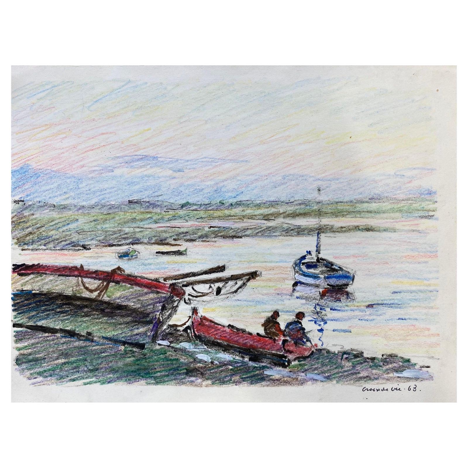 Unknowncamille Meriot French Signed Impressionist Crayon Drawing, By The Harbourcirca 1940s