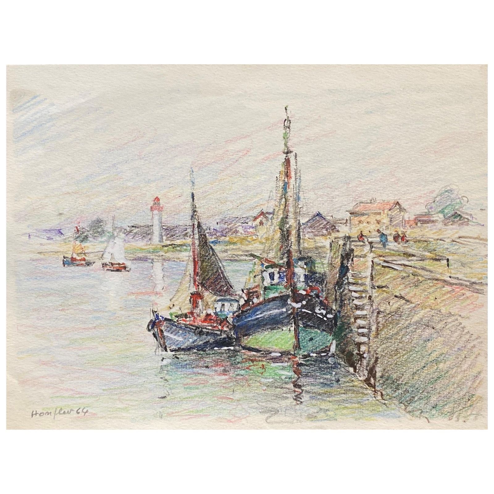 Unknownbrittany Fishing Boats In Harbour, French Signed Impressionist Crayon Drawingcirca 1940s