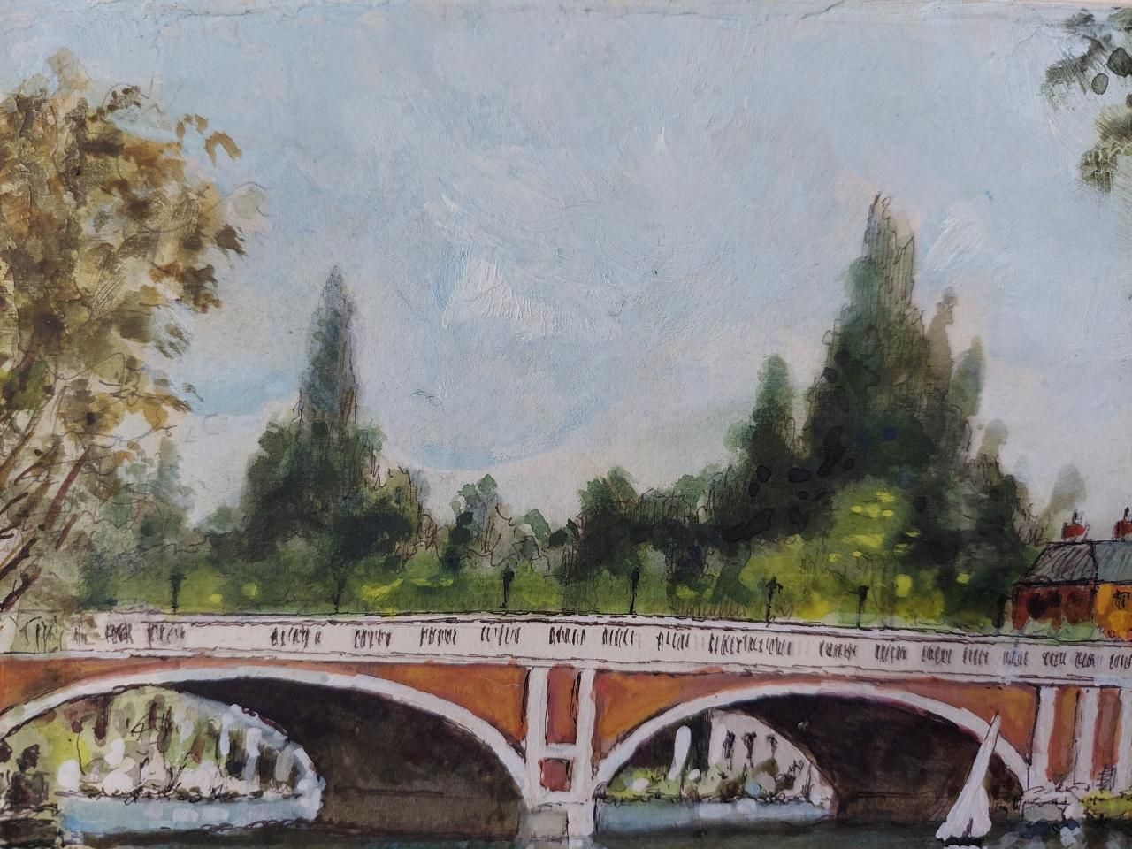 English  Schooltraditional English Painting Hampton Court Bridge In London20th Century photo for sale