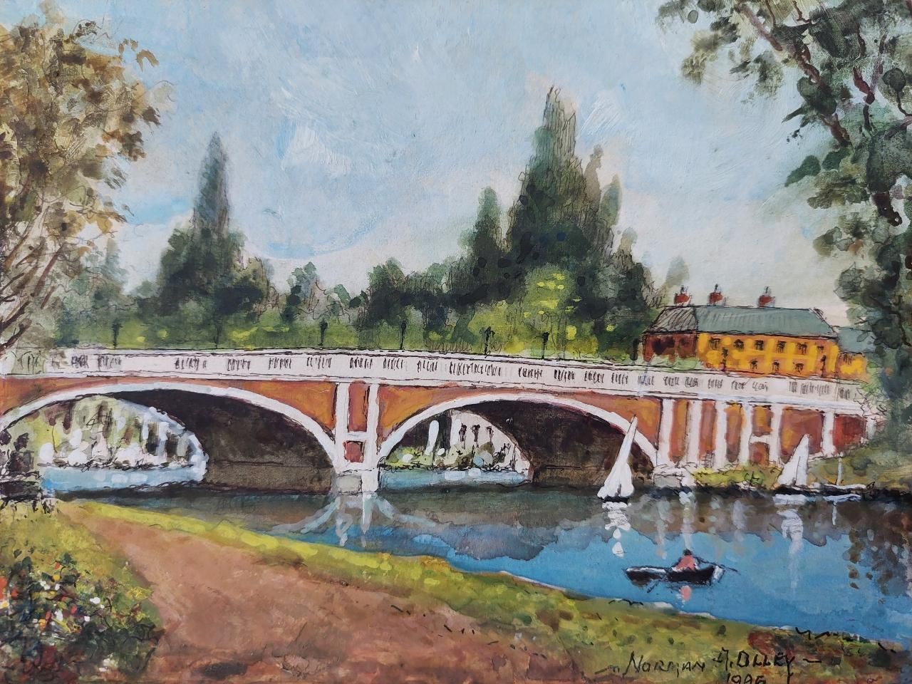 English  Schooltraditional English Painting Hampton Court Bridge In London20th Century photo 505.0