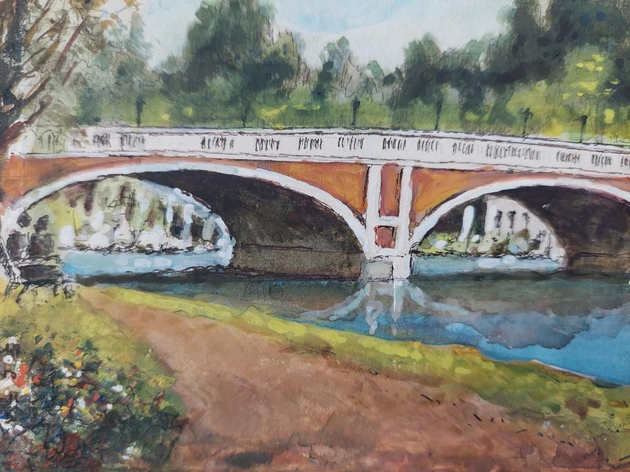 English  Schooltraditional English Painting Hampton Court Bridge In London20th Century photo vinterior