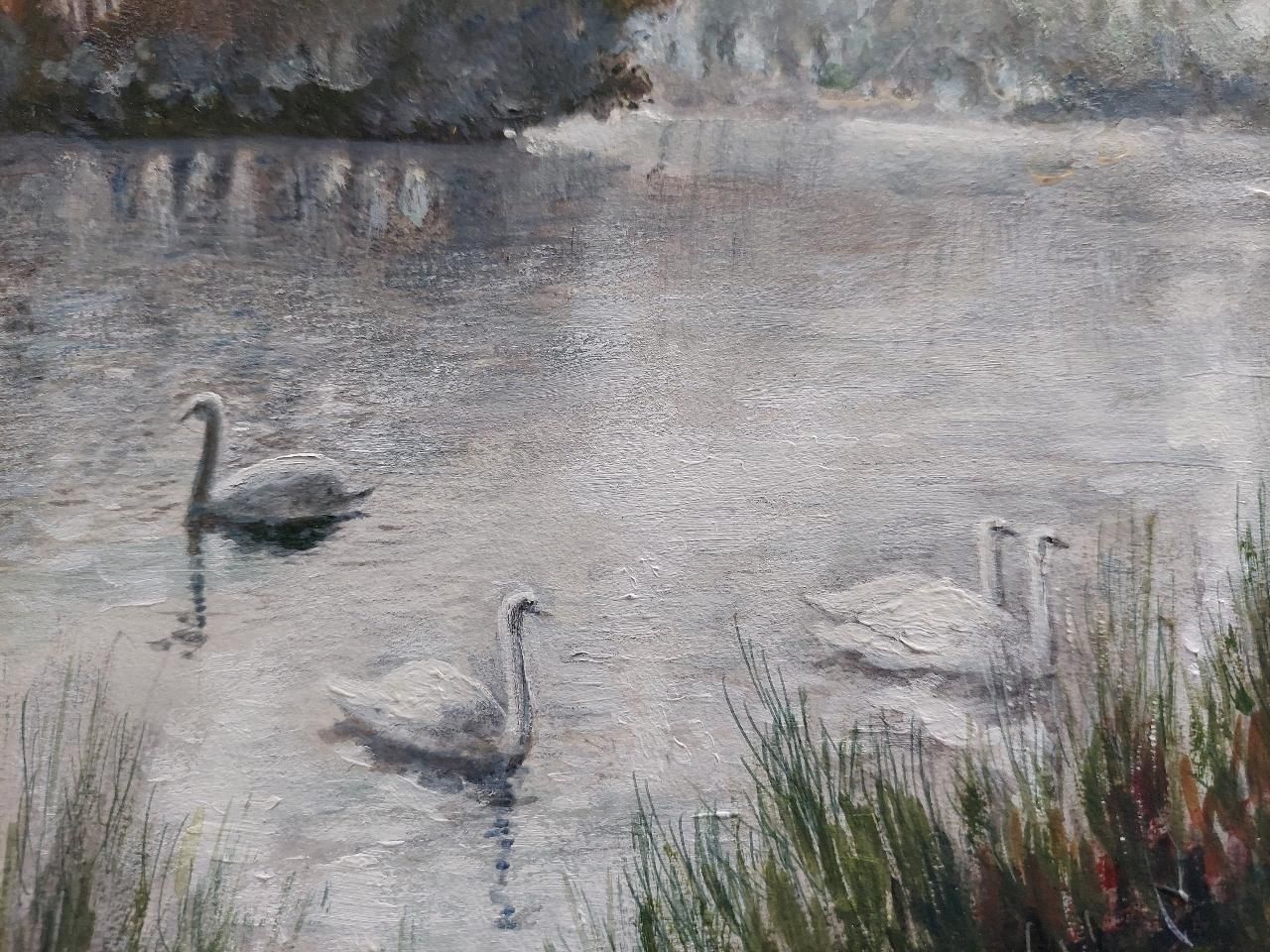 English  Schooltraditional English Painting Children Feeding Swans Richmond Park London20th Century photo 504.0