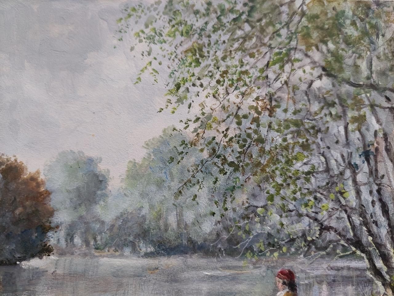 English  Schooltraditional English Painting Children Feeding Swans Richmond Park London20th Century photo buy