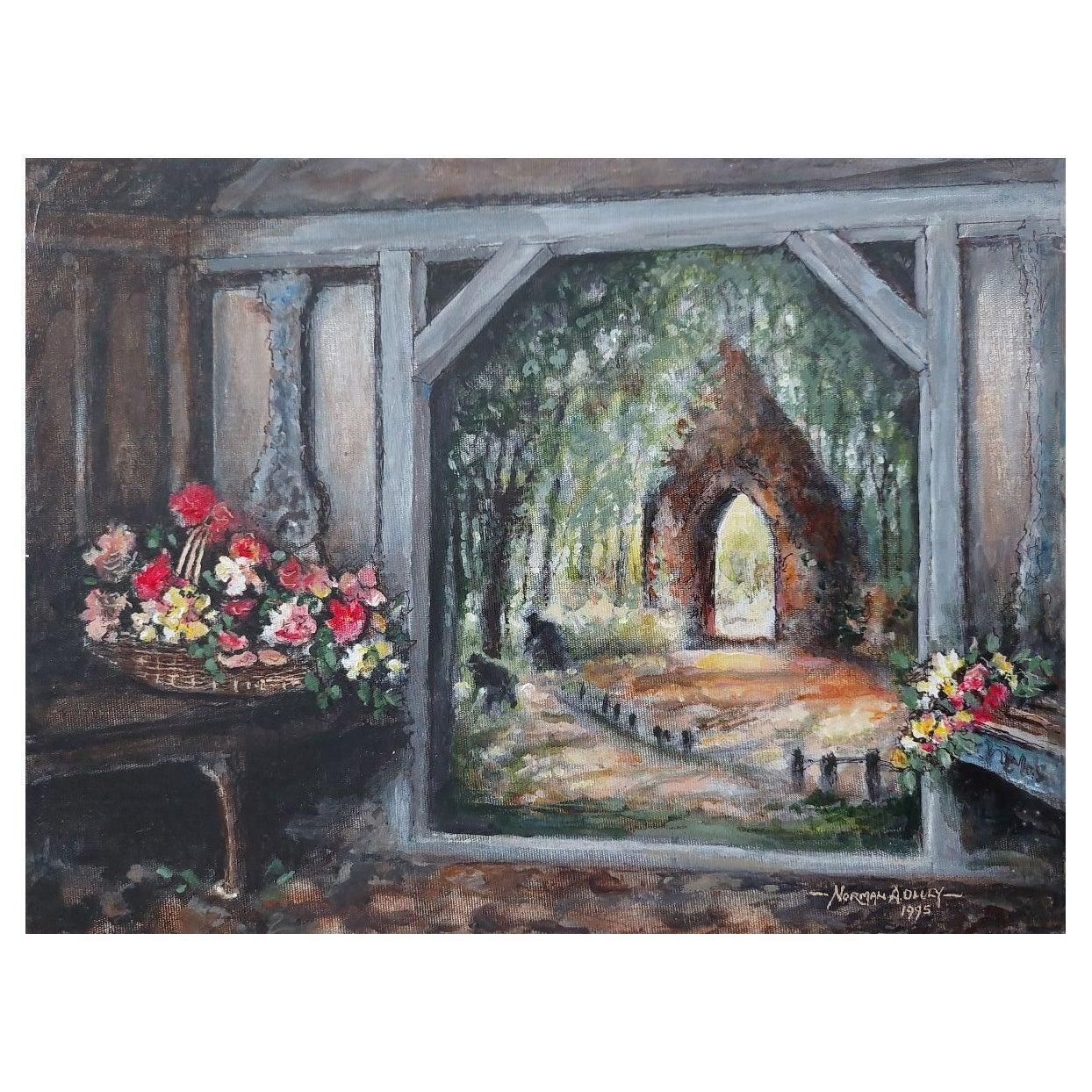 English  Schooltraditional English Painting A Monastery Garden, England, View From Interior20th Century