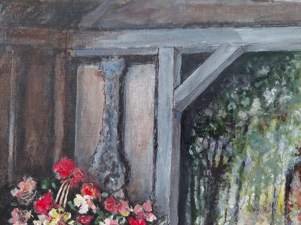 photo furniture English  Schooltraditional English Painting A Monastery Garden, England, View From Interior20th Century