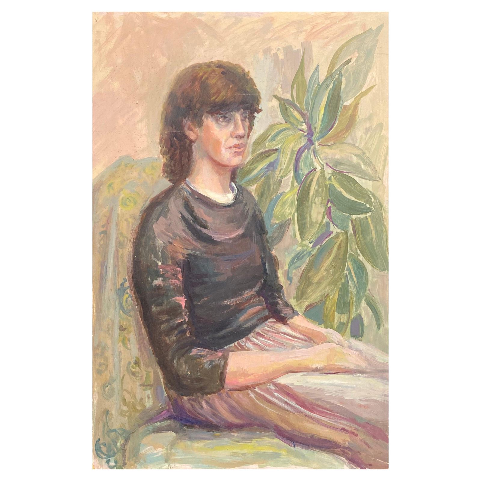 Unknownlarge 1960's British Original Oil Painting, Lady Sat Among Green Plantscirca 1960s