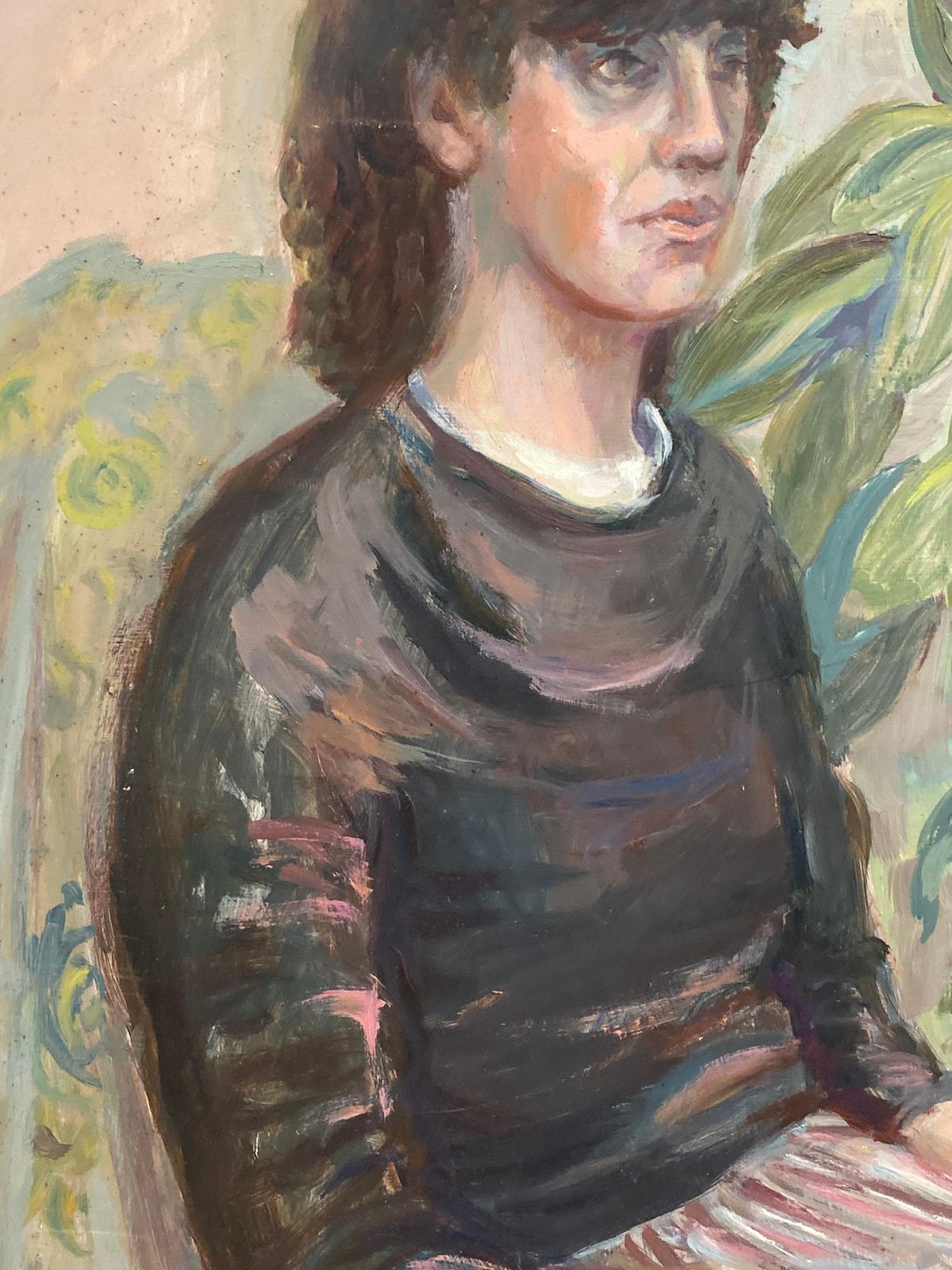 Unknownlarge 1960's British Original Oil Painting, Lady Sat Among Green Plantscirca 1960s photo Art