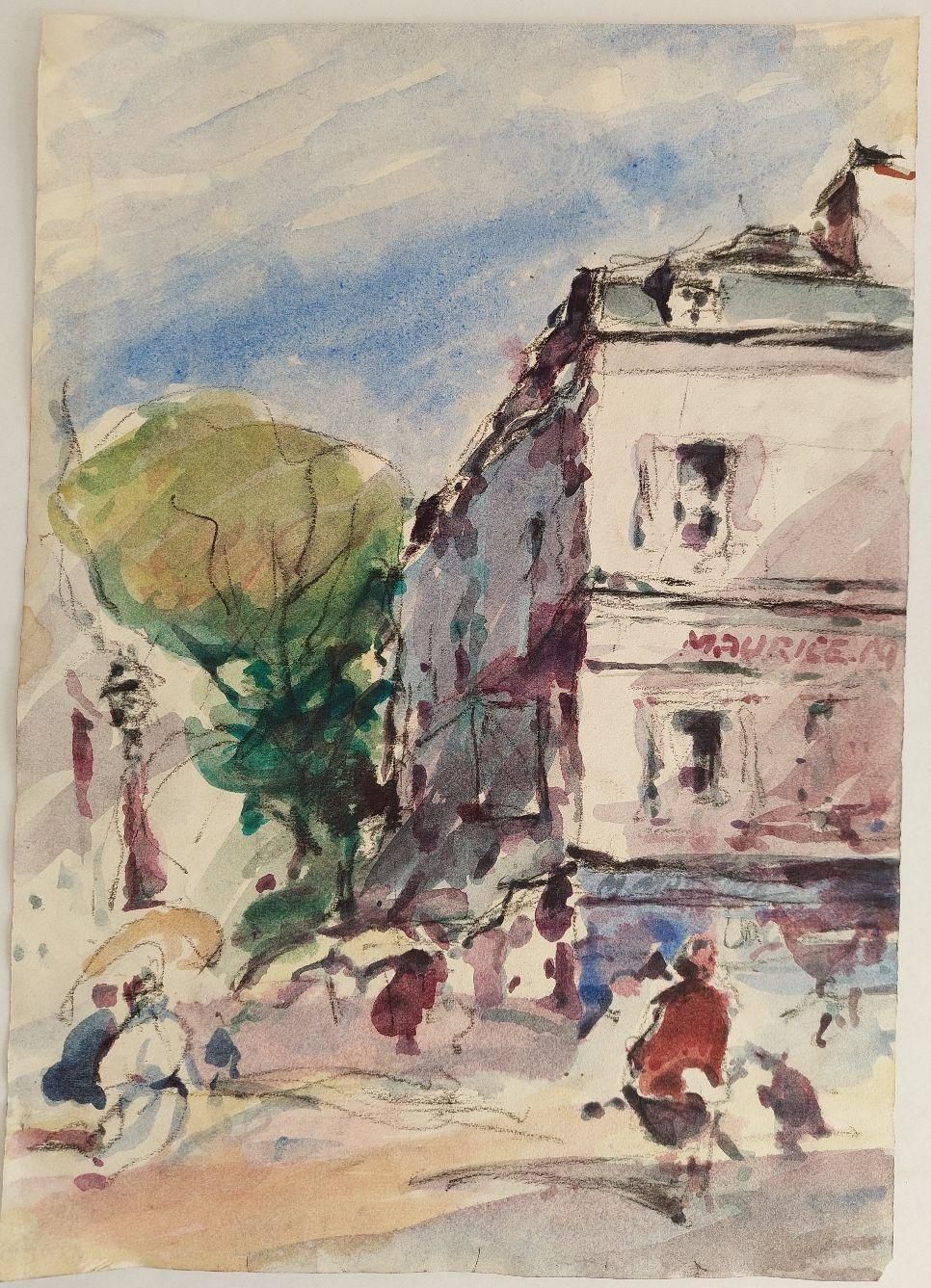 Maurice Mazeiliefrench, Modernist Cubist Painting Figures In A Parisian Street20th Century photo furniture