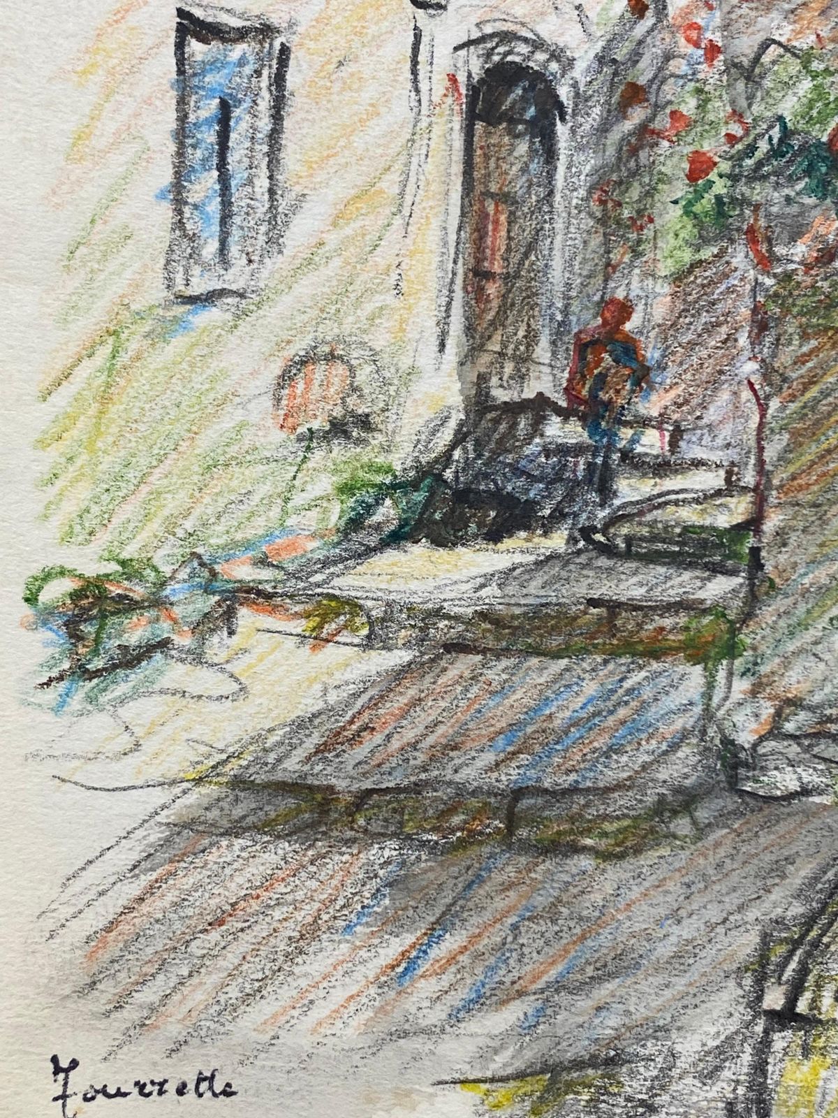 Unknowntourettes Provence French Signed Impressionist Crayon Drawing, The Old Villagecirca 1940s photo for sale