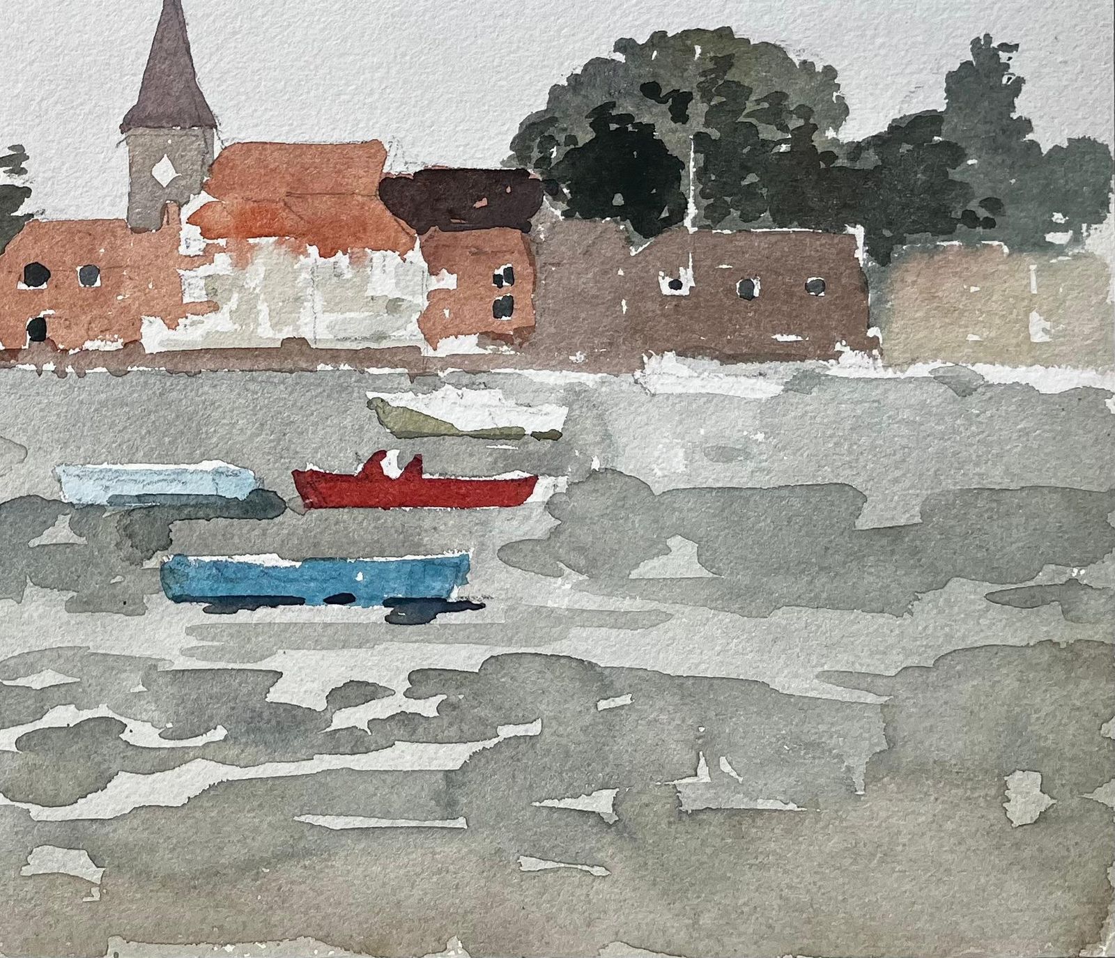 Anthony Herbertwaterside Village Scene With Boats And Church Bosham Sussex 1970s Watercolour1976 photo vinterior