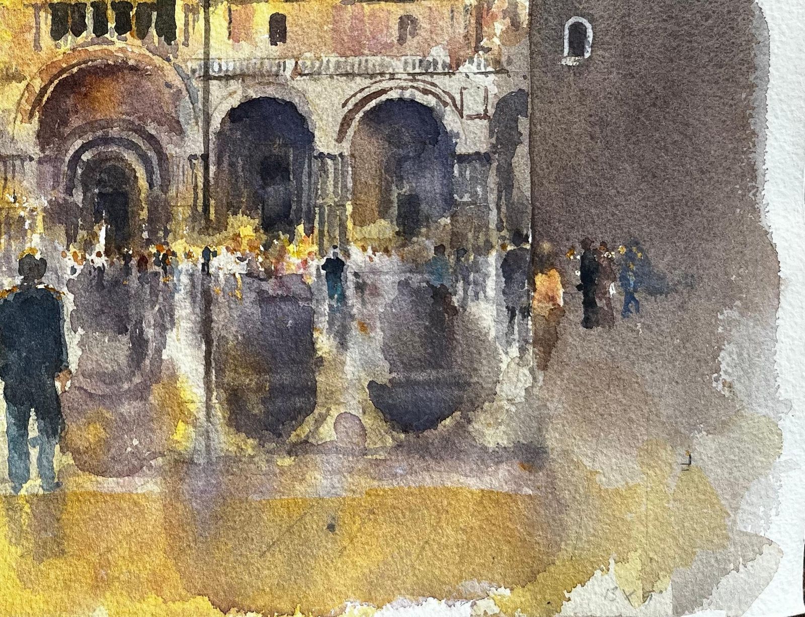 Anthony Herbertst Marks Basilica Venice In Golden Light With Crowds And Reflections Watercolour photo vinterior
