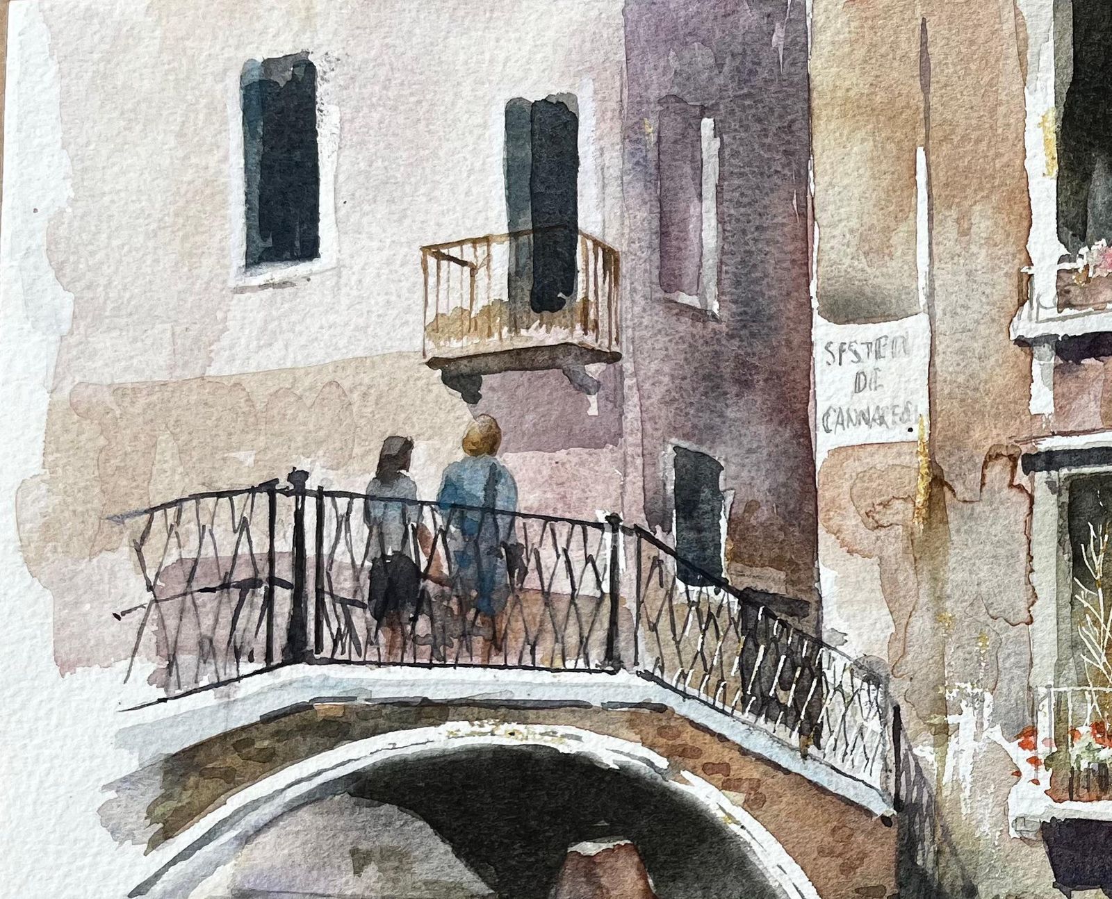 Anthony Herbertvenice Canal Bridge Scene With Flower Boxes And Reflections Original Watercolour photo 331.0