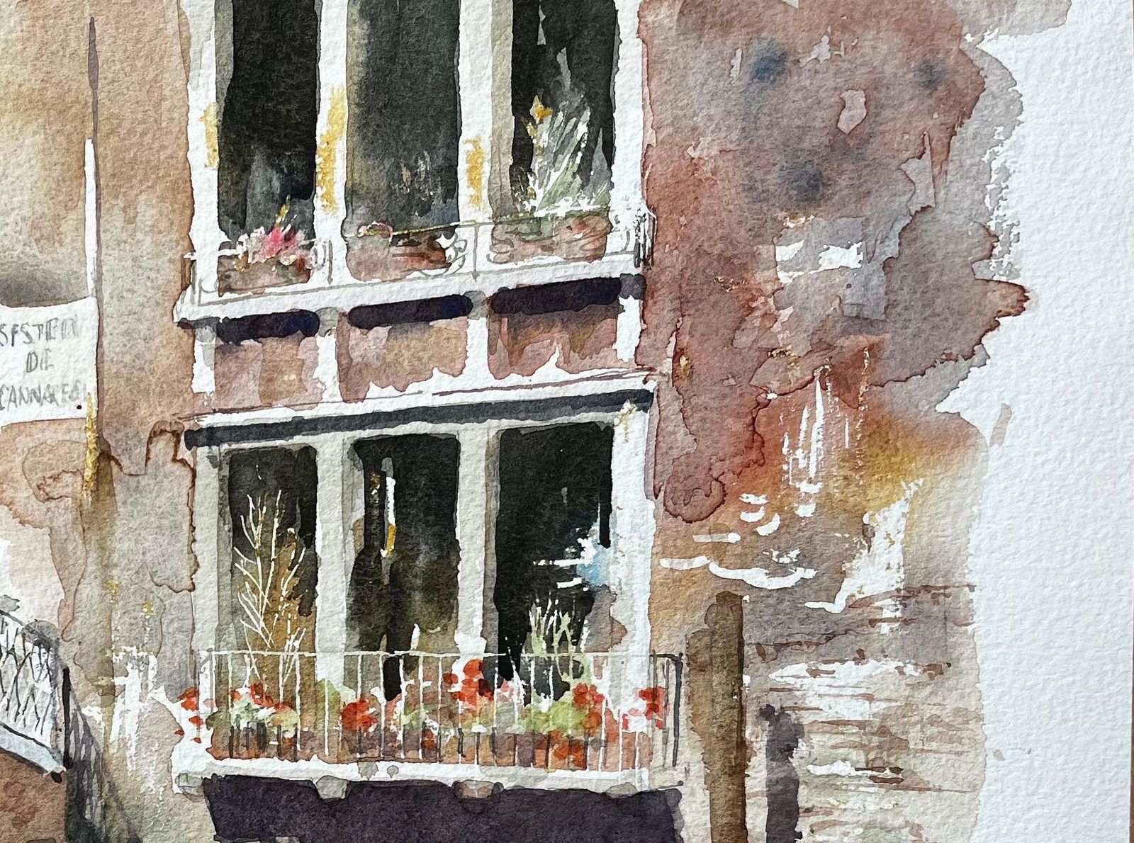 Anthony Herbertvenice Canal Bridge Scene With Flower Boxes And Reflections Original Watercolour photo vinterior