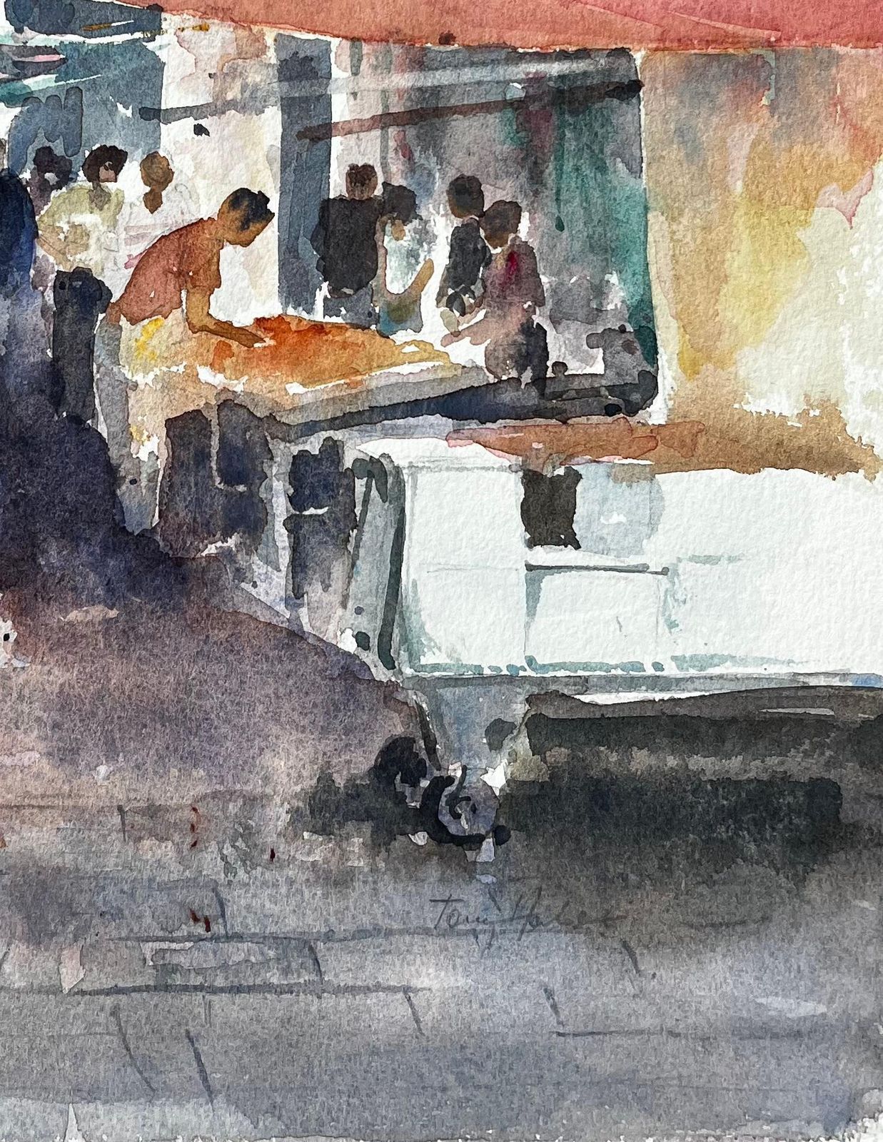 Anthony Herbertvenice Market Scene With Figures And Canopies Original Watercolour Painting photo Art