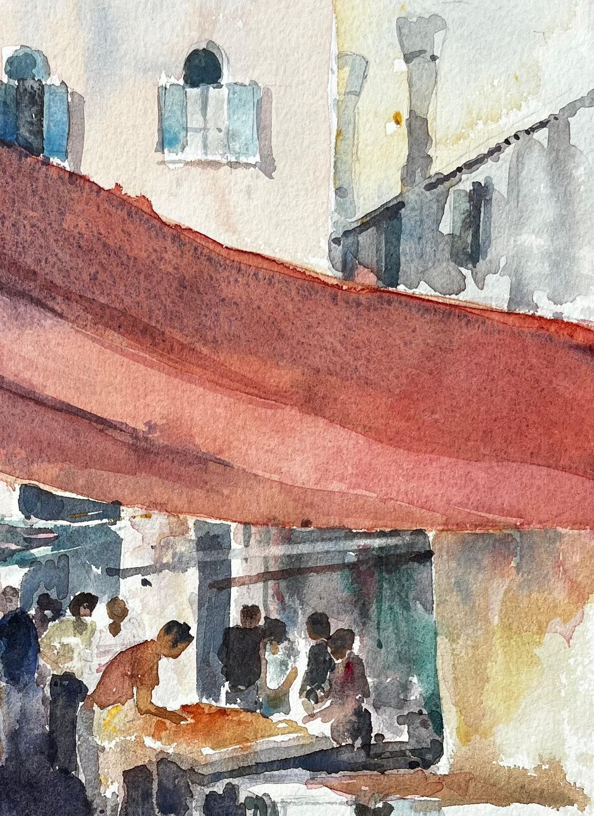 Anthony Herbertvenice Market Scene With Figures And Canopies Original Watercolour Painting photo vinterior