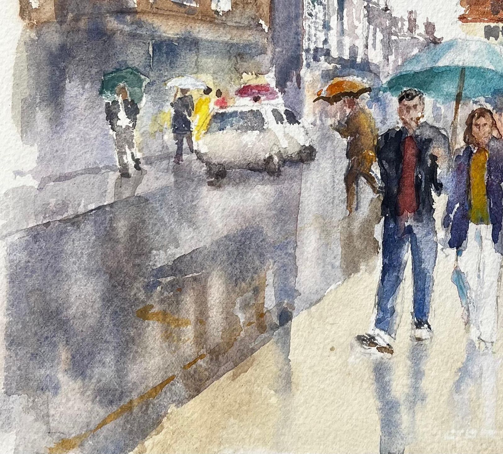 Anthony Herbertrainy Street Scene Watercolour With Umbrellas And Shoppers In Urban High Street photo for sale