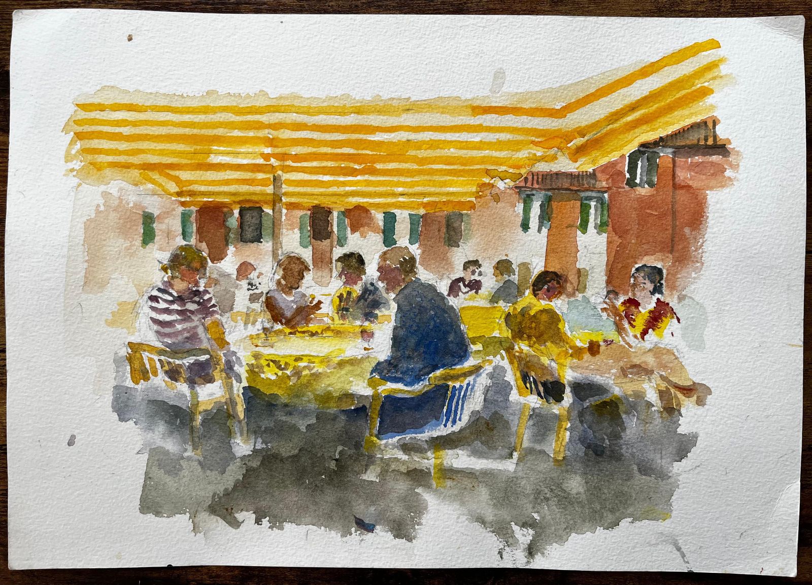 Anthony Herbertcontinental Café Scene With Yellow Striped Awnings And Figures In Conversation photo furniture