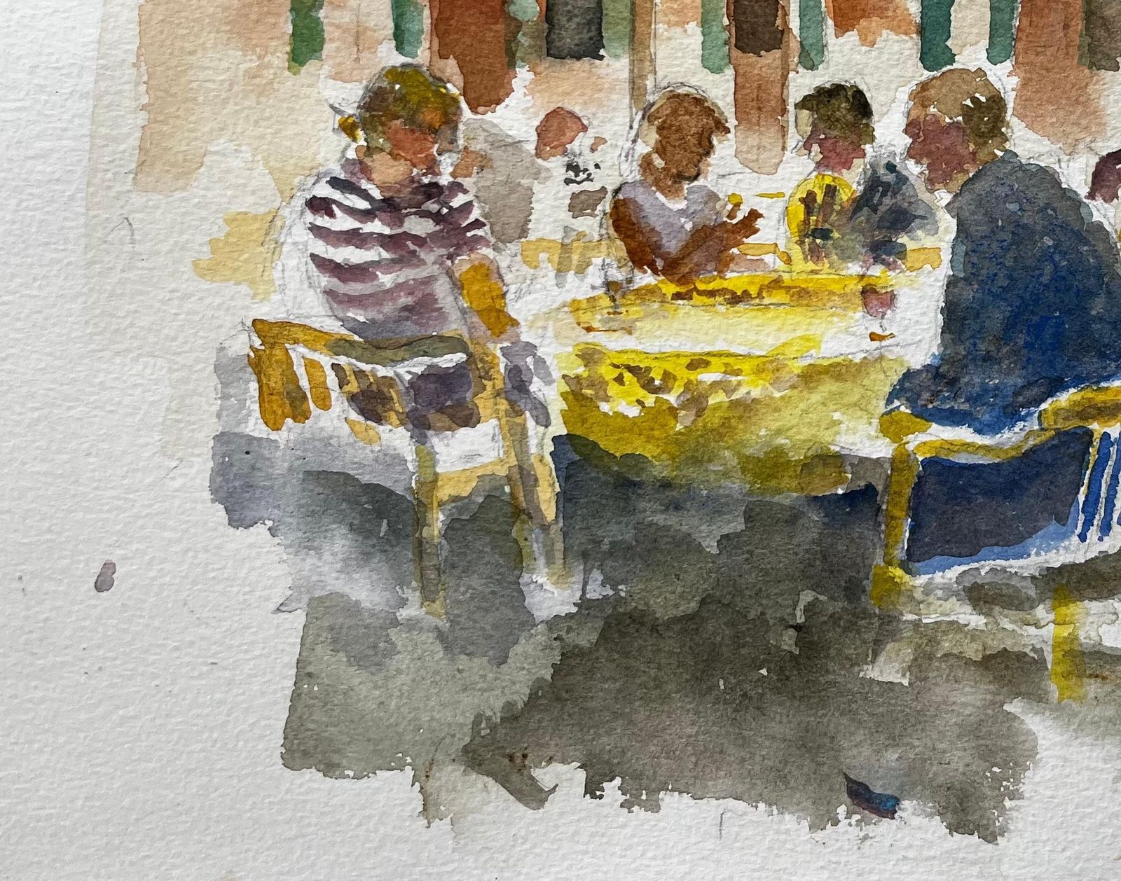 Anthony Herbertcontinental Café Scene With Yellow Striped Awnings And Figures In Conversation photo Art
