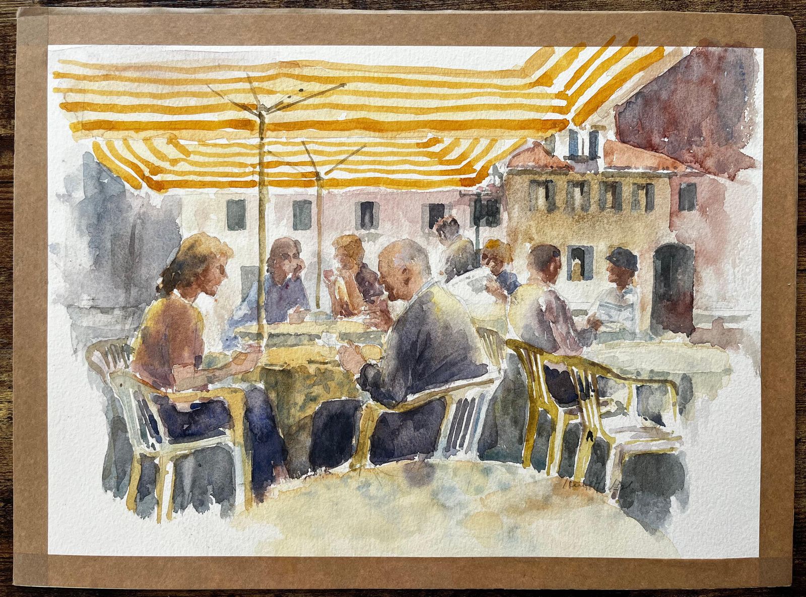 Anthony Herbertcafe Scene In Italian Piazza With Yellow Striped Awning And Diners1995 photo furniture