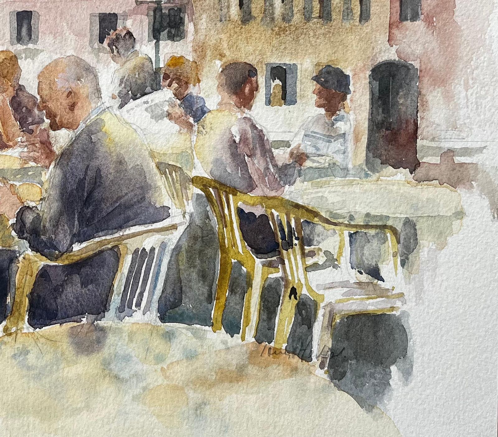 Anthony Herbertcafe Scene In Italian Piazza With Yellow Striped Awning And Diners1995 photo for sale