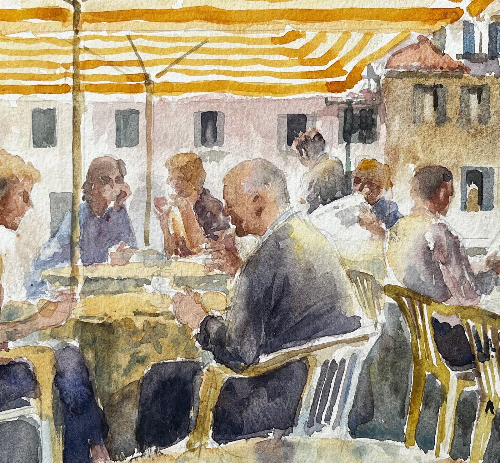 Anthony Herbertcafe Scene In Italian Piazza With Yellow Striped Awning And Diners1995 photo buy