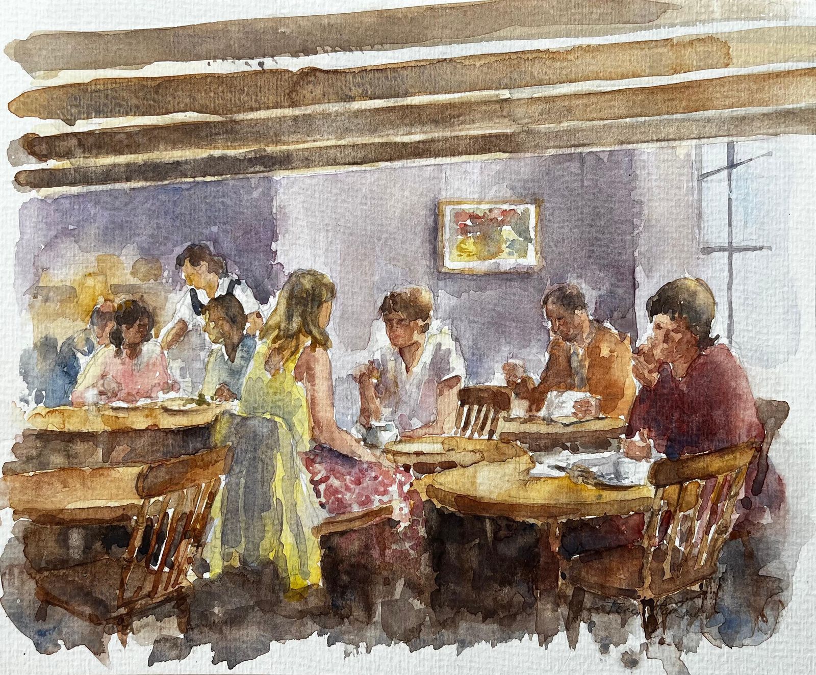 Anthony Herbertpeople Dining In Cosy Café With Beamed Ceiling And Warm Purple Wall Interior