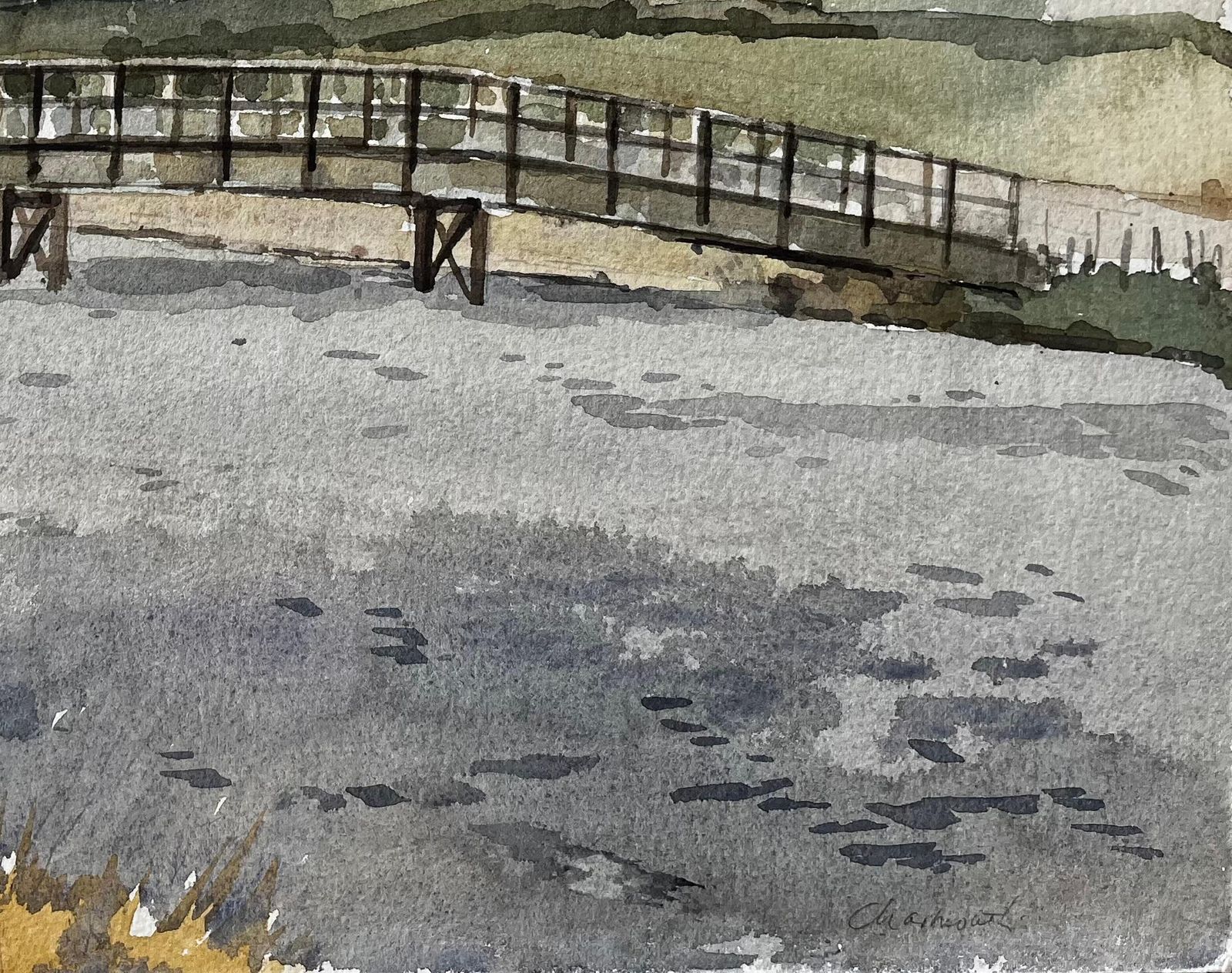 Anthony Herbertcharmouth Dorset River Scene With Wooden Footbridge And Rolling Hills Landscape1996 photo vinterior