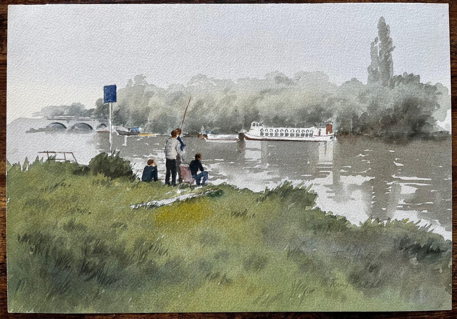 Anthony Herbertboys Fishing On The Thames With Paddle Steamer And Bridge In Misty View photo Art