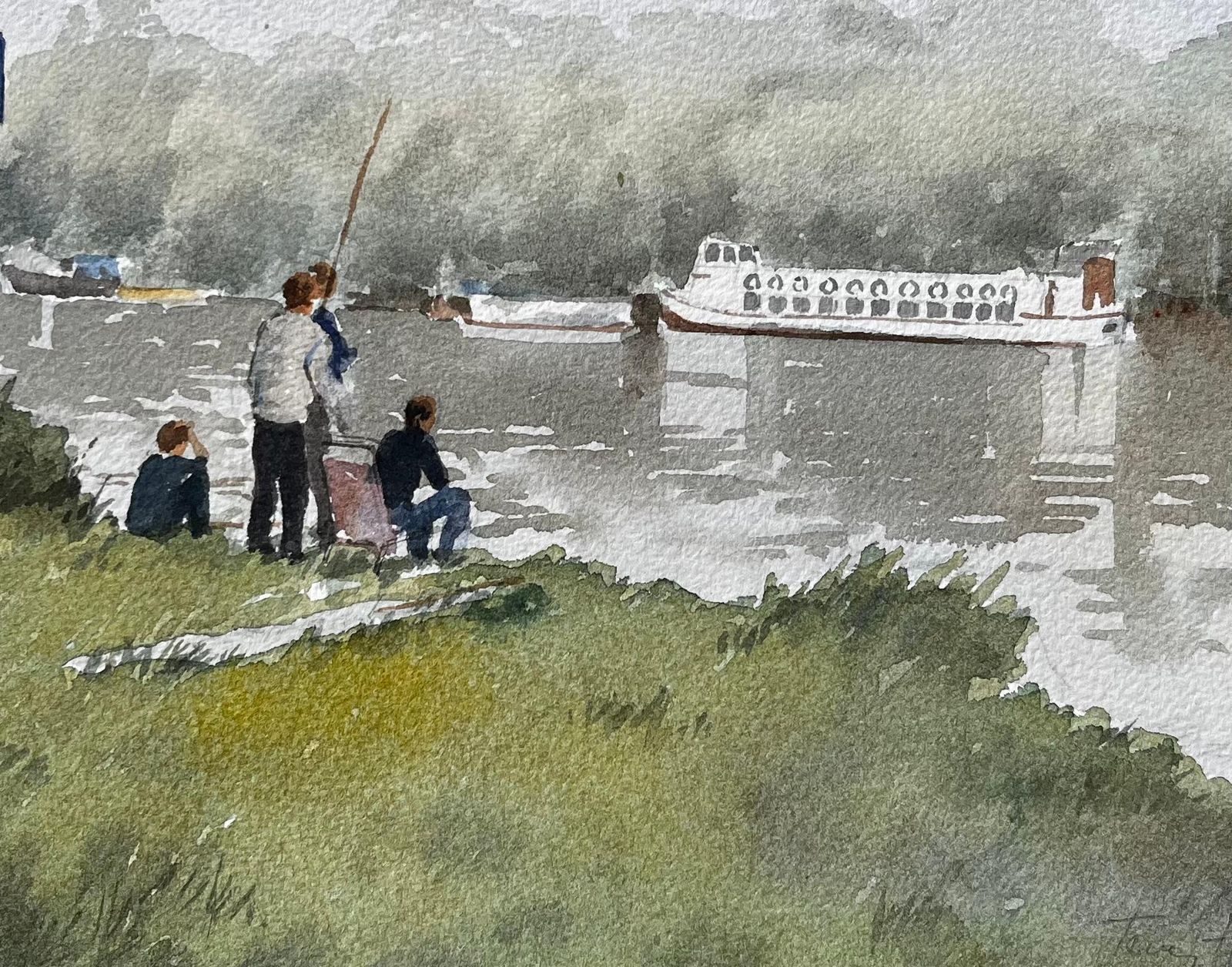 Anthony Herbertboys Fishing On The Thames With Paddle Steamer And Bridge In Misty View photo buy
