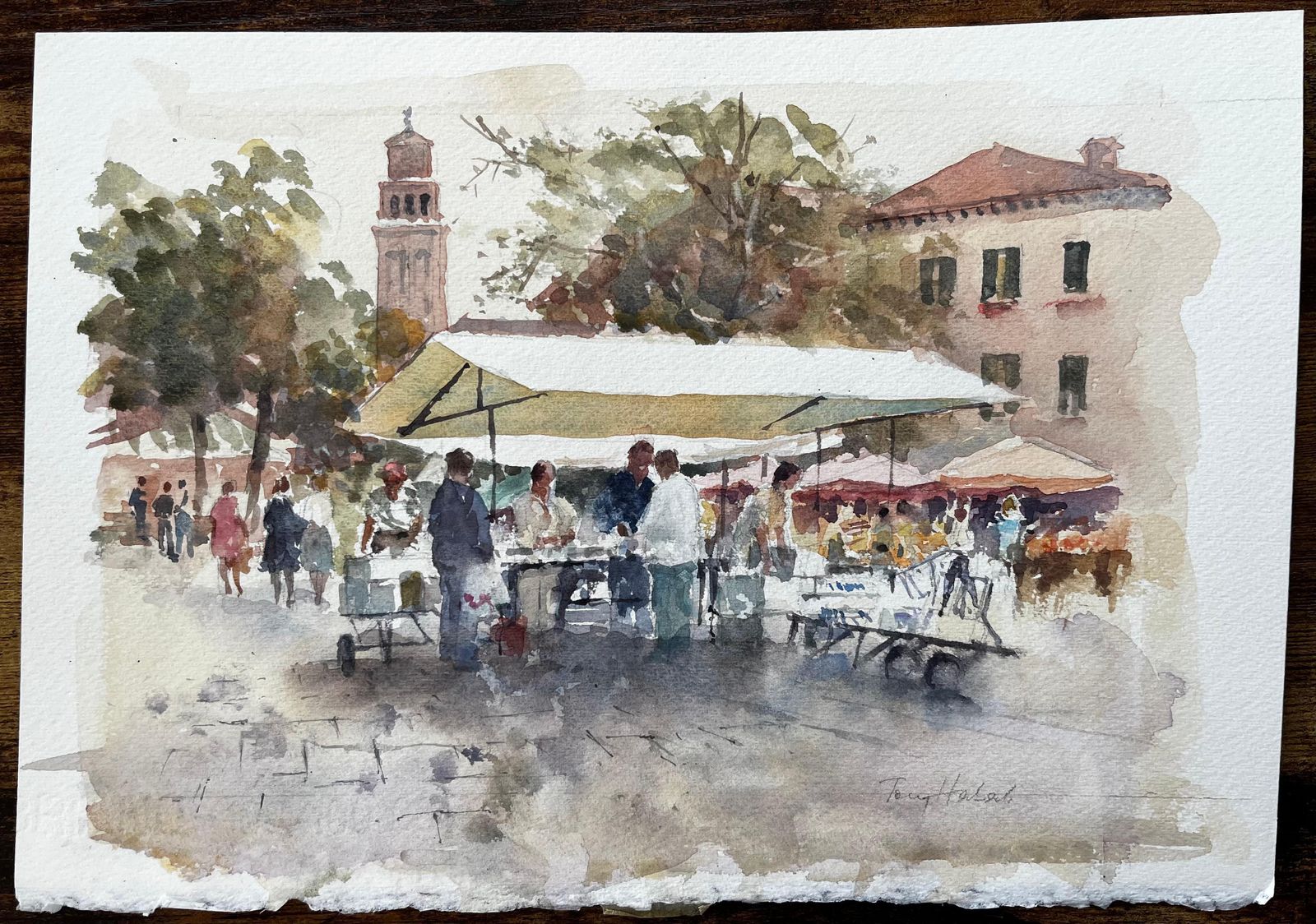 Anthony Herbertitalian Market Scene With Umbrellas And Bell Tower Signed Continental Street photo furniture