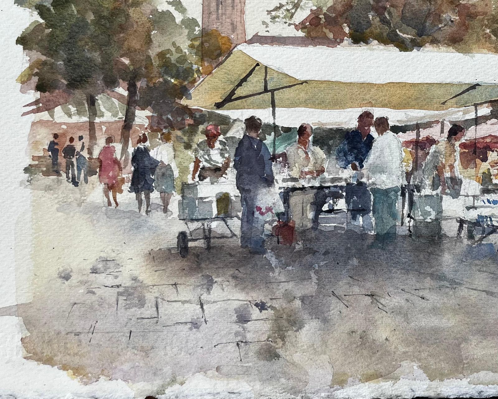 Anthony Herbertitalian Market Scene With Umbrellas And Bell Tower Signed Continental Street photo vinterior