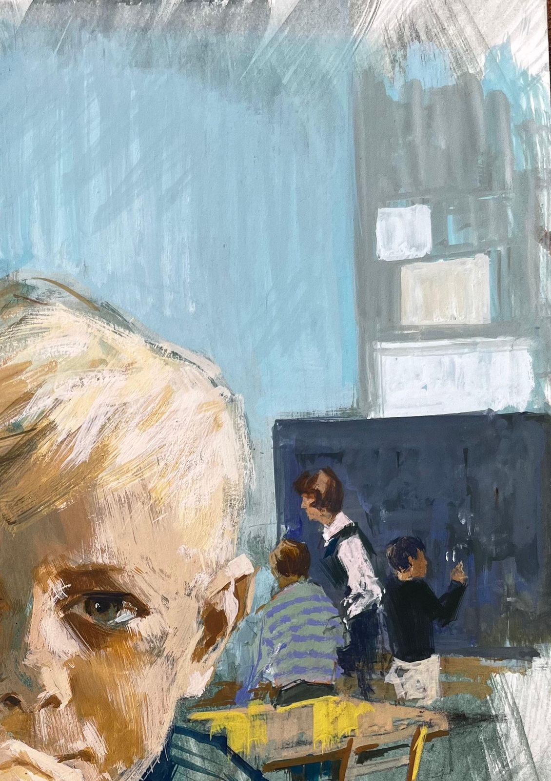 Anthony Herbertvintage Gouache Painting Of Boy With Milk Bottle In Mid Century School Setting photo for sale