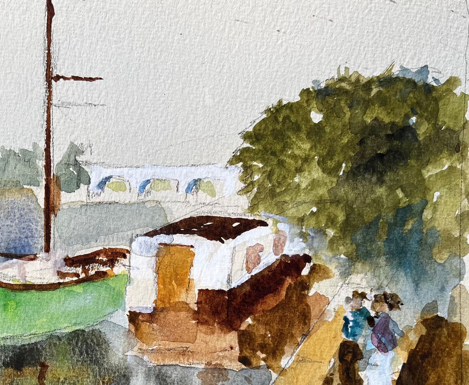 Anthony Herbertgreen Boat And River Thames Scene With Bridge And Houseboat Watercolour1988 photo Art