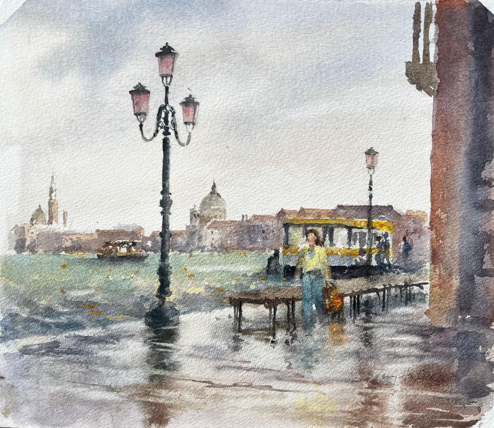 Anthony Herbertvenice Waterfront Scene With Lampposts And Vaporetto Original Watercolour