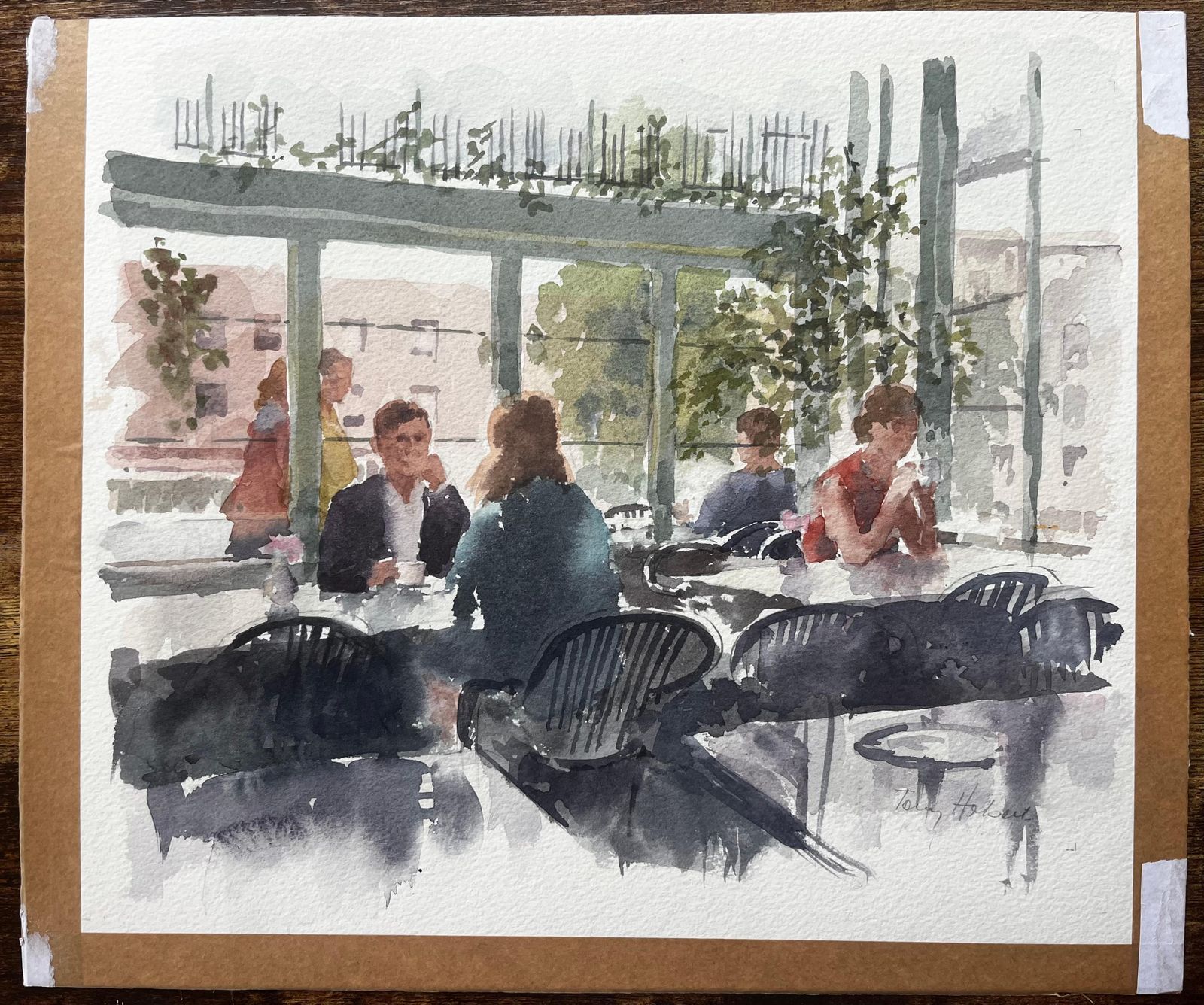 Anthony Herbertmodern Café Scene In Sunlight With Figures And Glass Walls By Tony Herbert photo furniture