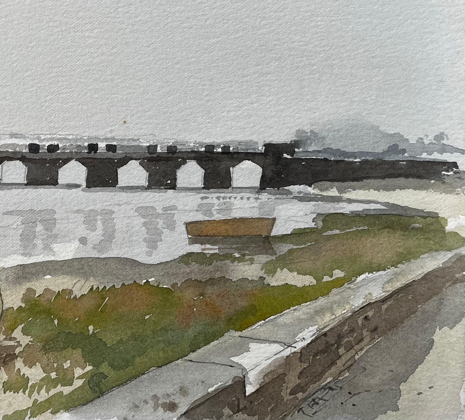 Anthony Herbertpont Bel Brittany Arched Bridge Over Water With Moored Boats And Red Hull 19881988 photo for sale