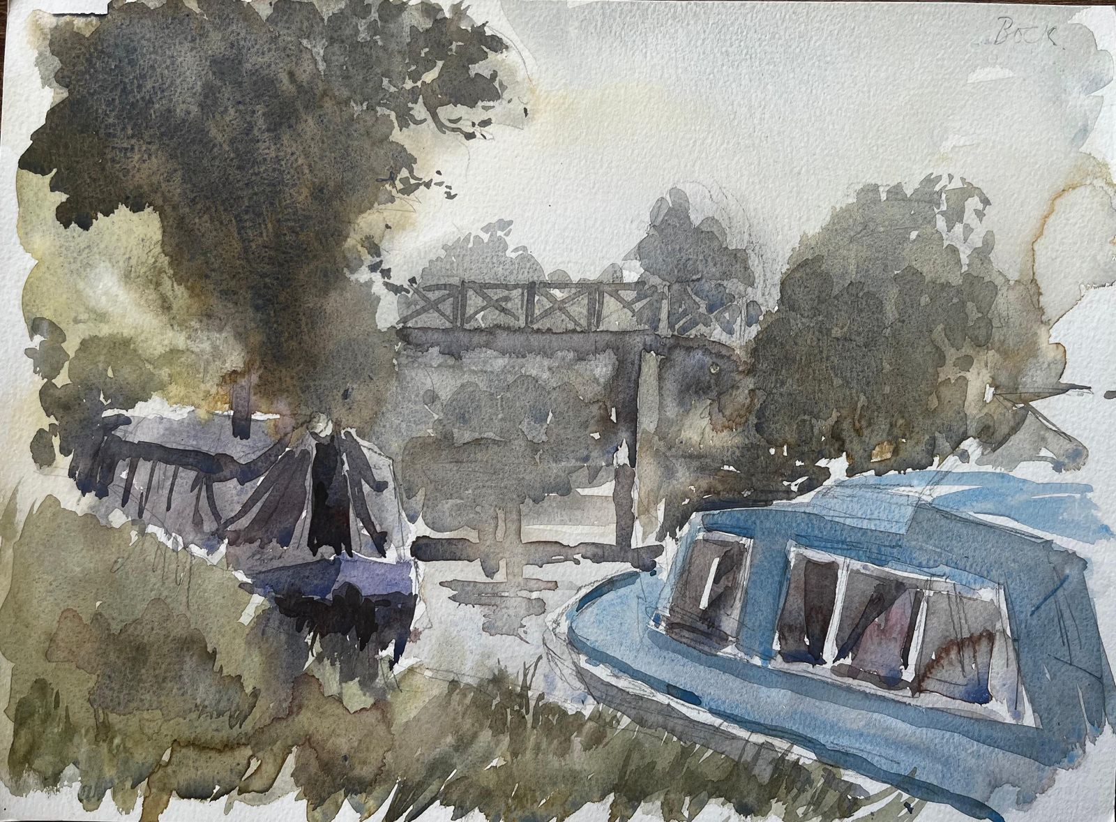 Anthony Herbertcaldon Canal With Narrowboats Footbridge And Trees Staffordshire Scene 19971997
