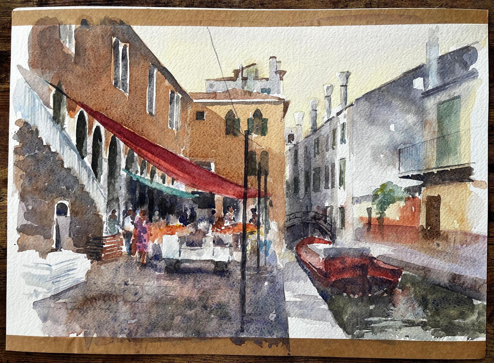 Anthony Herbertvenice Market Scene With Red Boat And Canal Bridge Original Watercolour Painting photo furniture