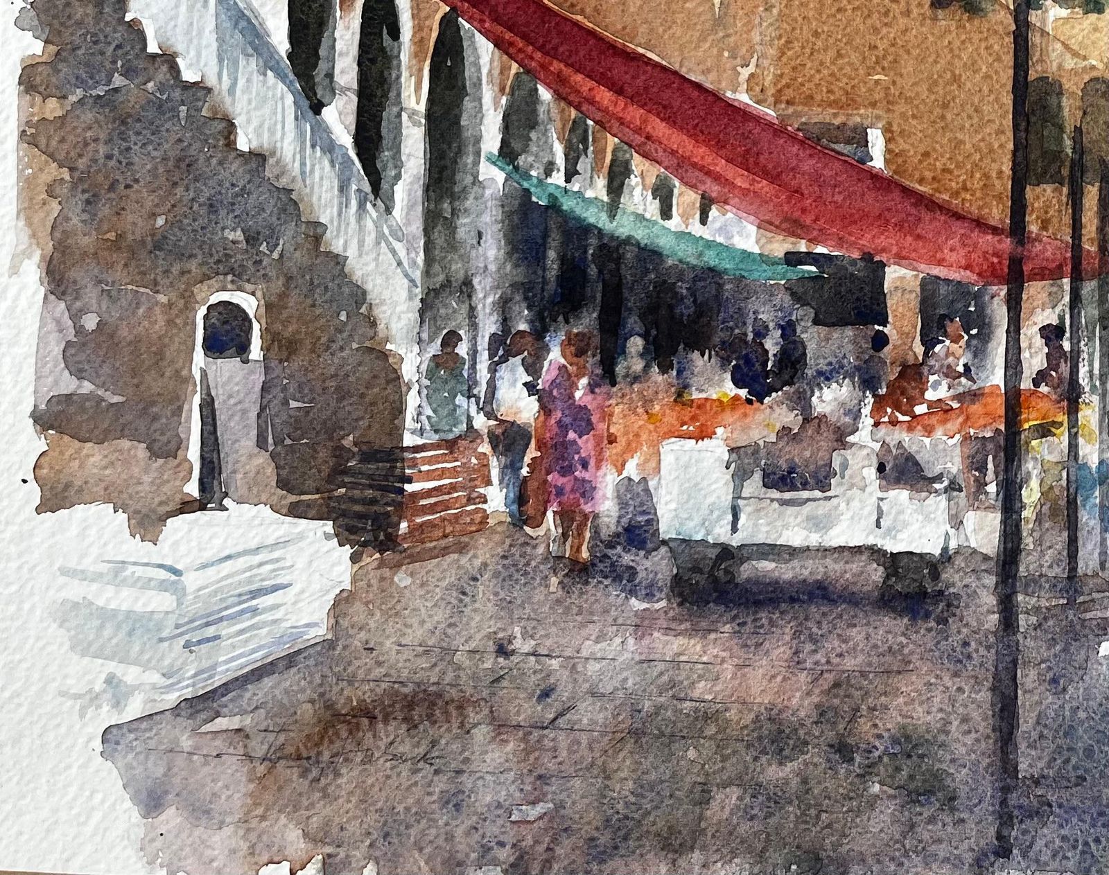 Anthony Herbertvenice Market Scene With Red Boat And Canal Bridge Original Watercolour Painting photo for sale