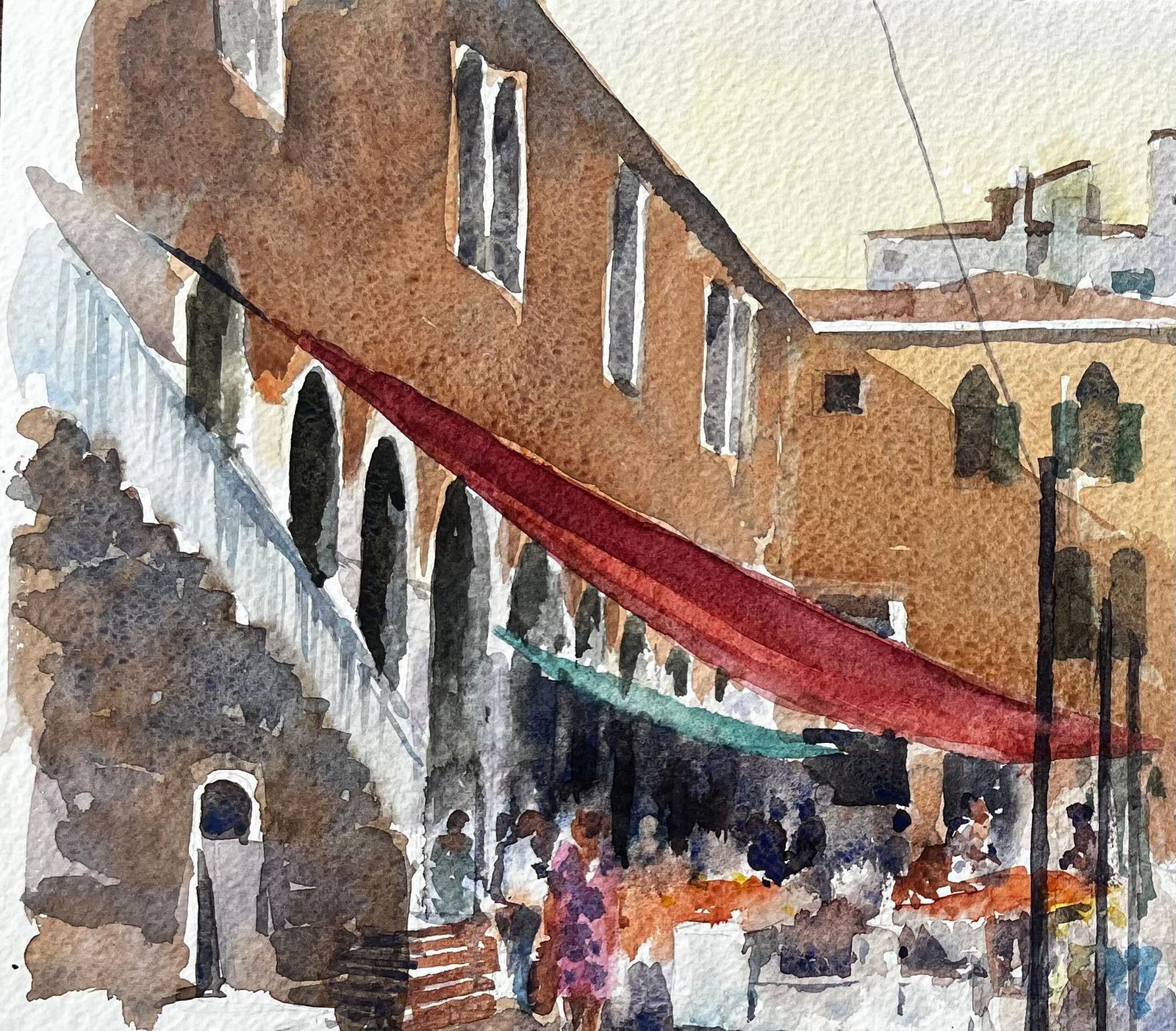 Anthony Herbertvenice Market Scene With Red Boat And Canal Bridge Original Watercolour Painting photo Art
