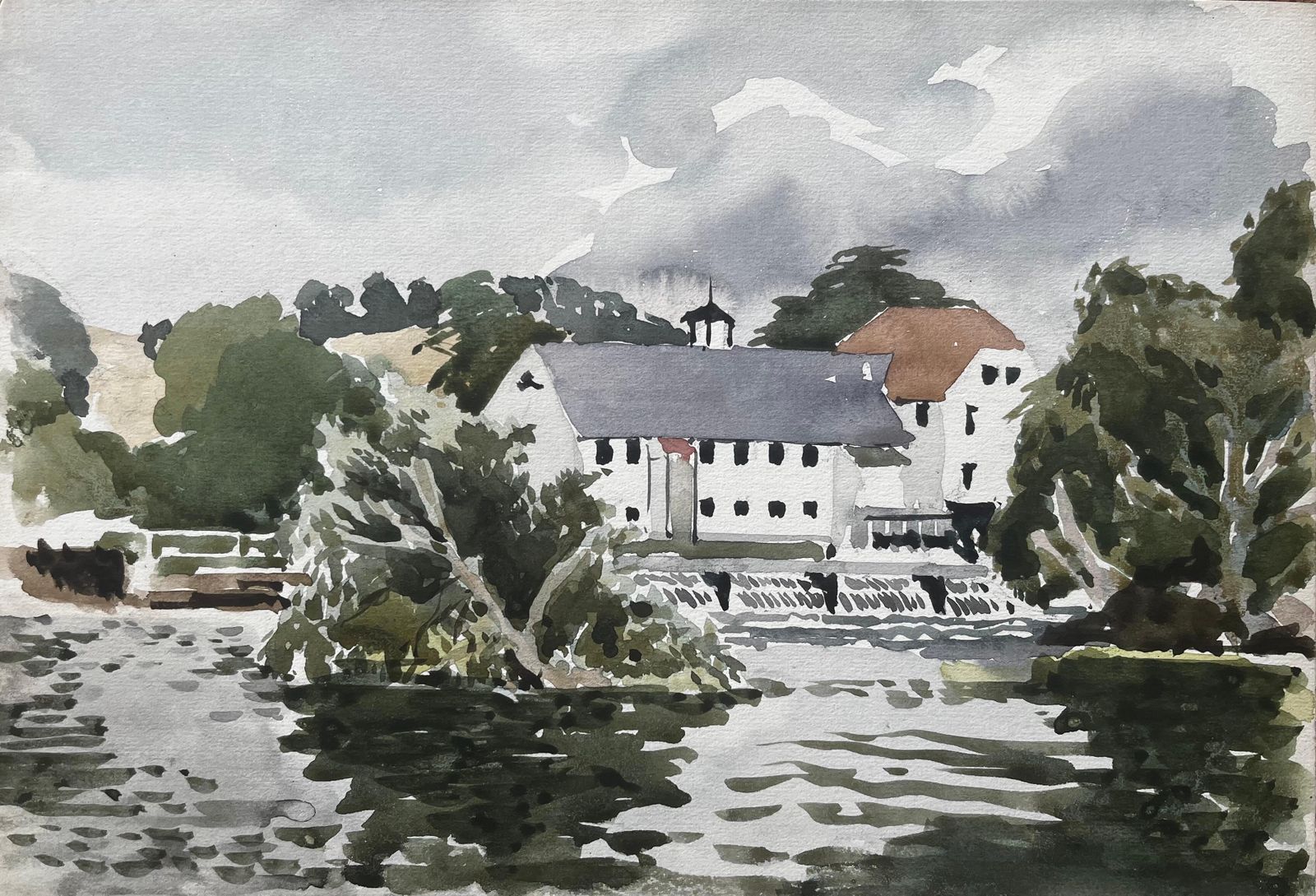 Anthony Herbertgeorge Adams Lock On The River Thames Watercolour Of Mill Building And Sluice