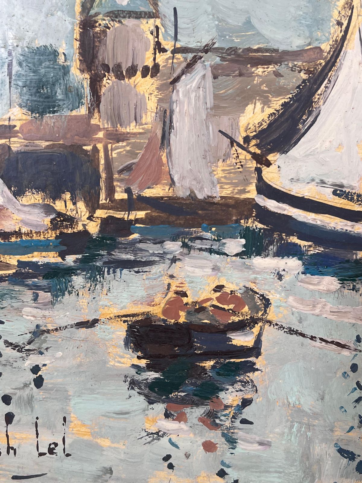 Fanch Lelrowing Boat Entering The Busy Harbour Full Of Sailing Boat Landscape Painting photo for sale