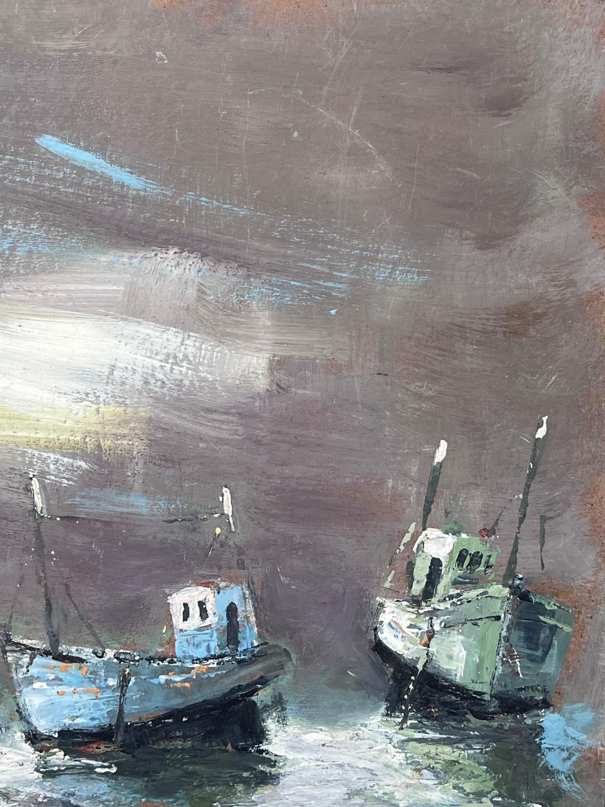 Fanch Lelthree Boats In The Grey Foggy Shores Landscape Oil Painting photo 475.0