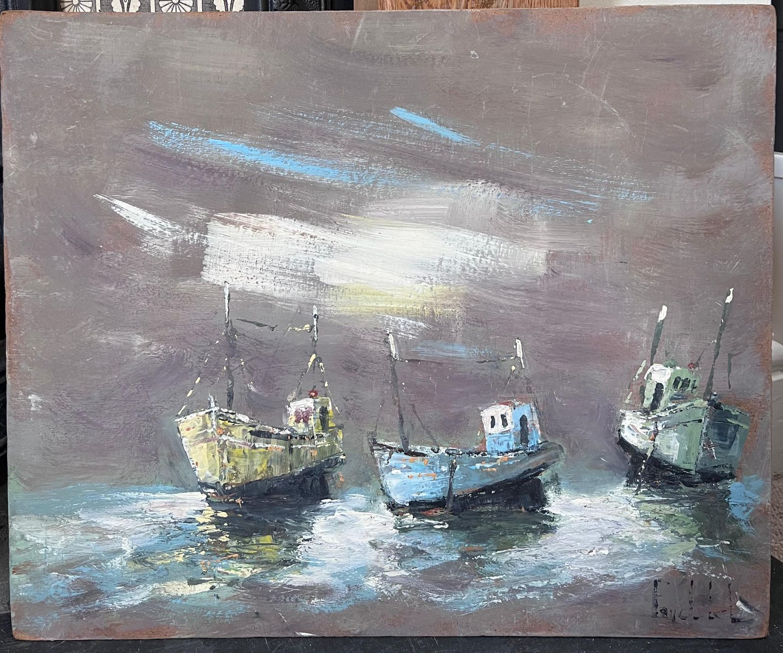 Fanch Lelthree Boats In The Grey Foggy Shores Landscape Oil Painting photo vinterior