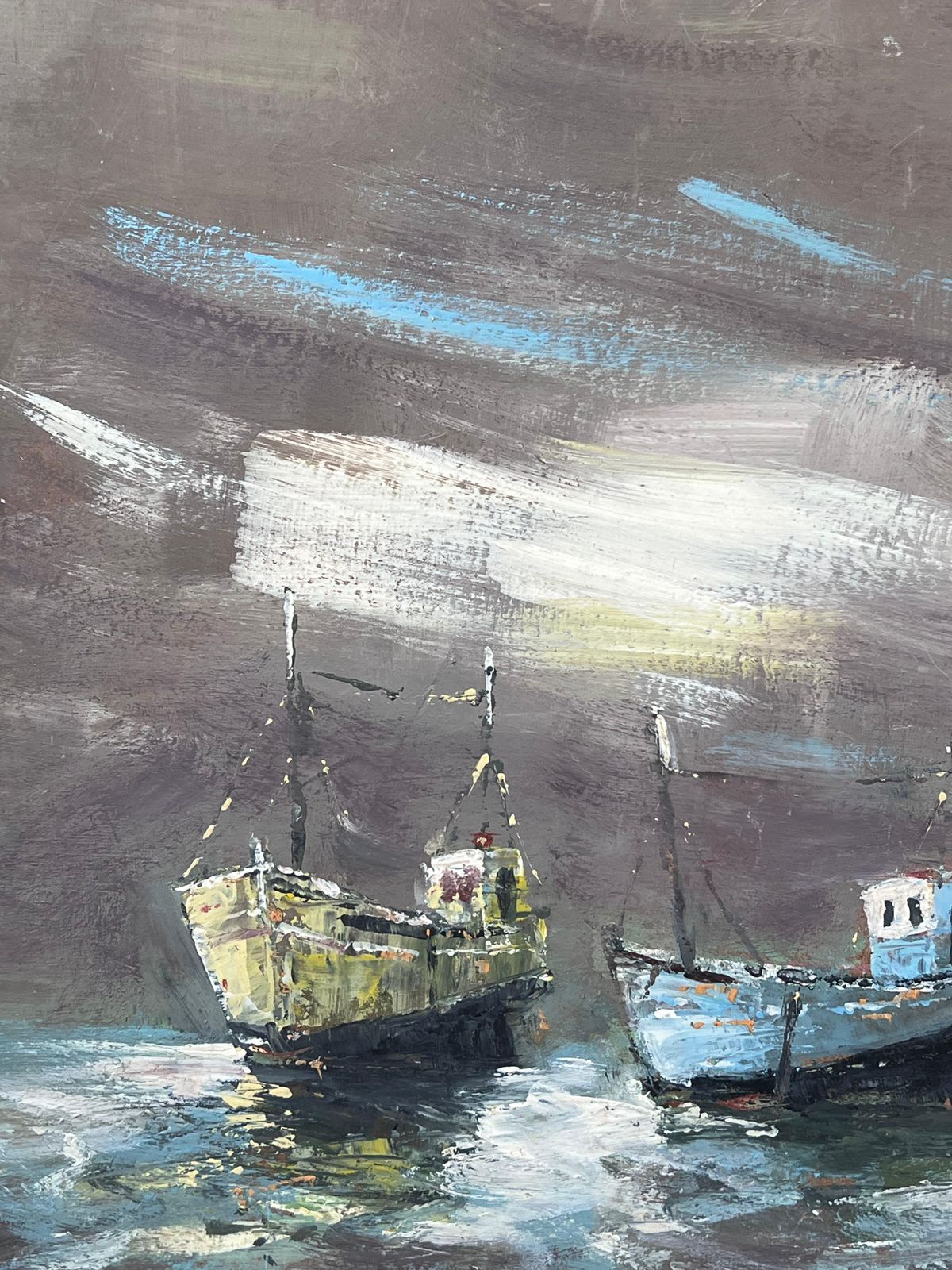 photo furniture Fanch Lelthree Boats In The Grey Foggy Shores Landscape Oil Painting