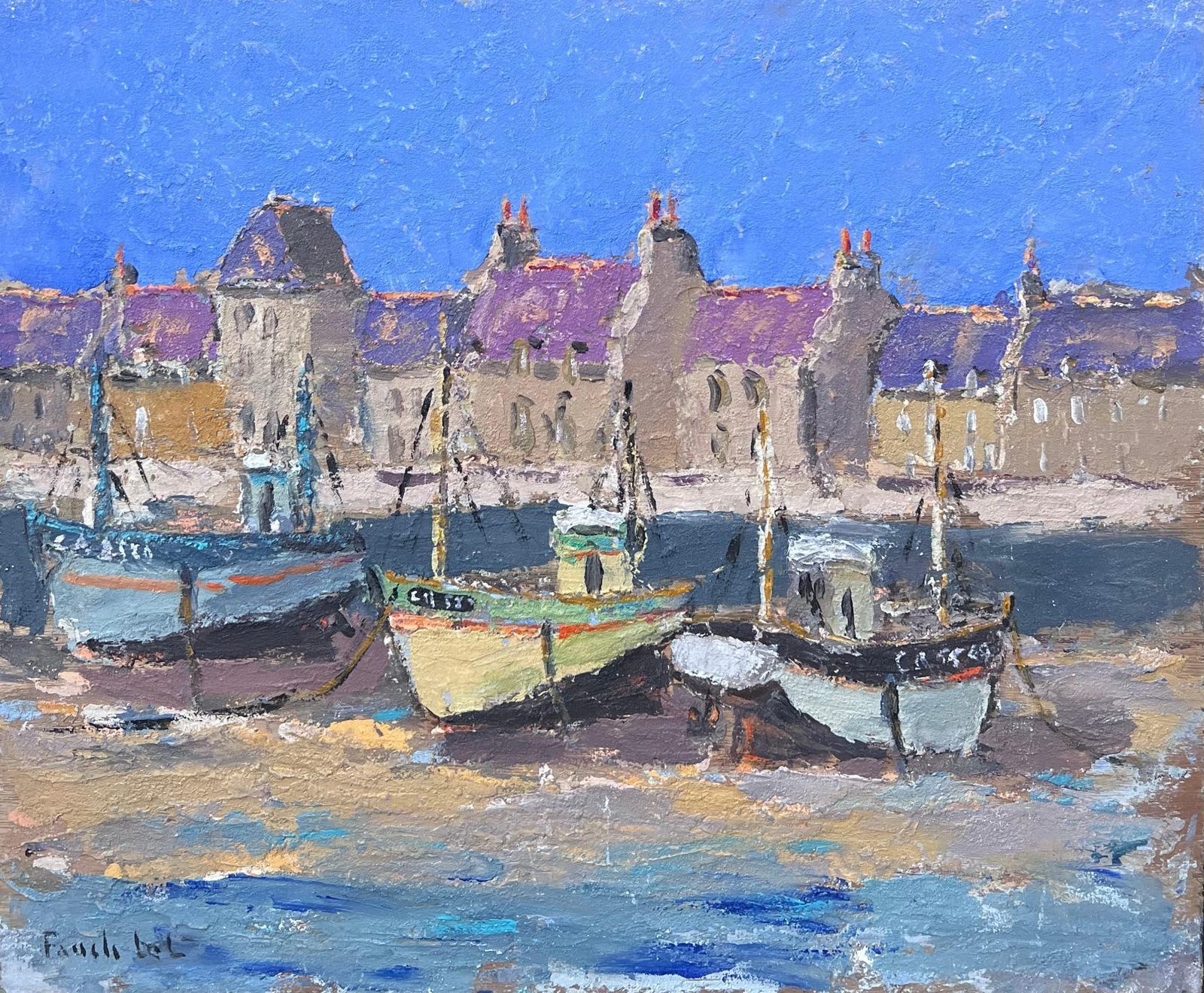 Fanch Lelfishing Boats In Neon Purple Sky Landscapes Oil Painting