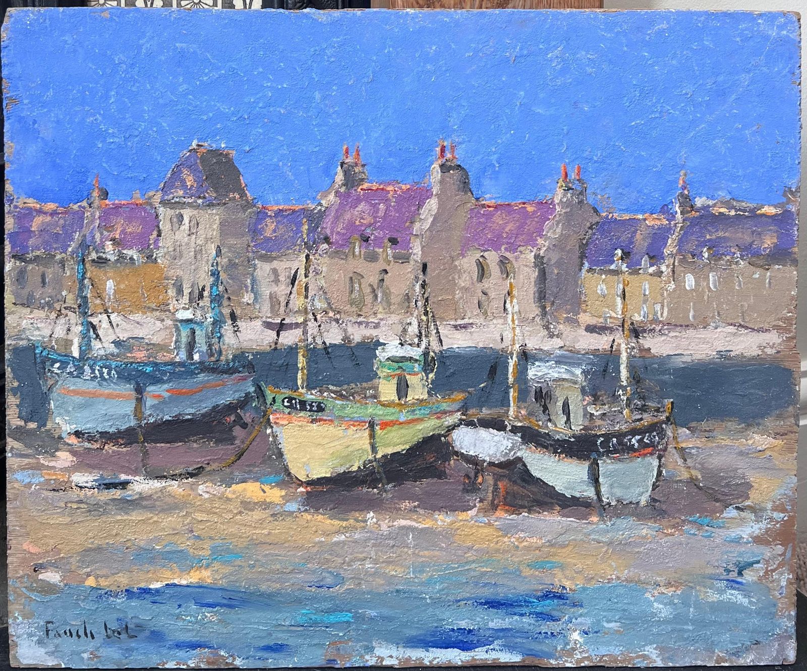 Fanch Lelfishing Boats In Neon Purple Sky Landscapes Oil Painting photo furniture