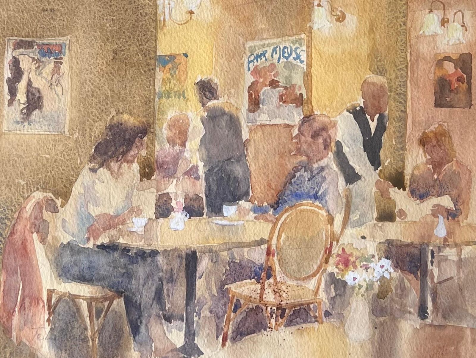 Anthony Herbertfigures Being Waited In A English Warm Lit Cafe Watercolour Painting photo furniture