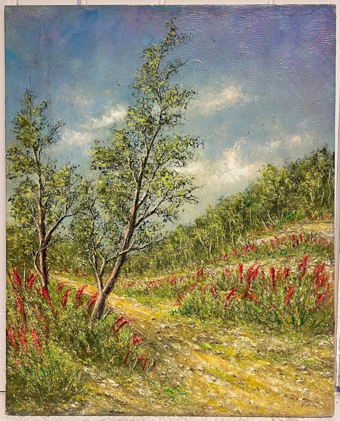Jean Fouriegolden Yellow Field Tracks With Indian Paintbrush Flowers Sprouting Oil Painting photo furniture