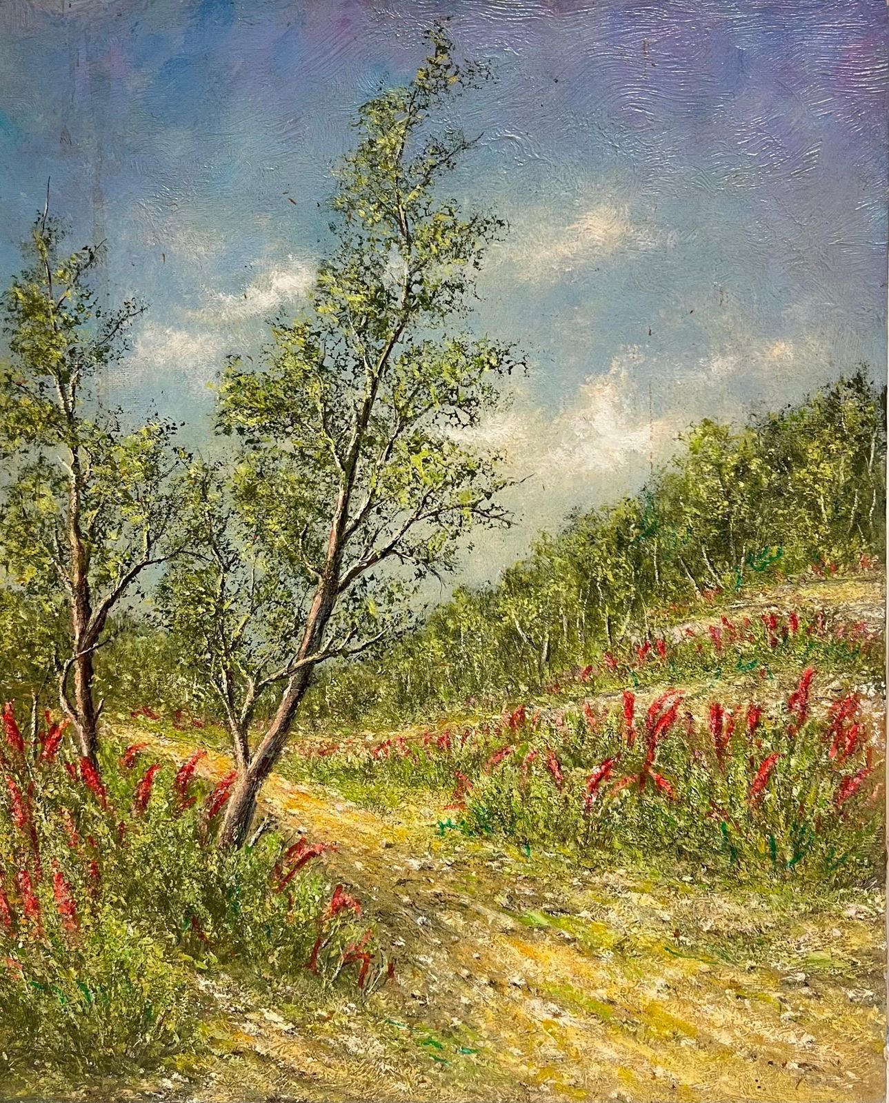 Jean Fouriegolden Yellow Field Tracks With Indian Paintbrush Flowers Sprouting Oil Painting photo buy